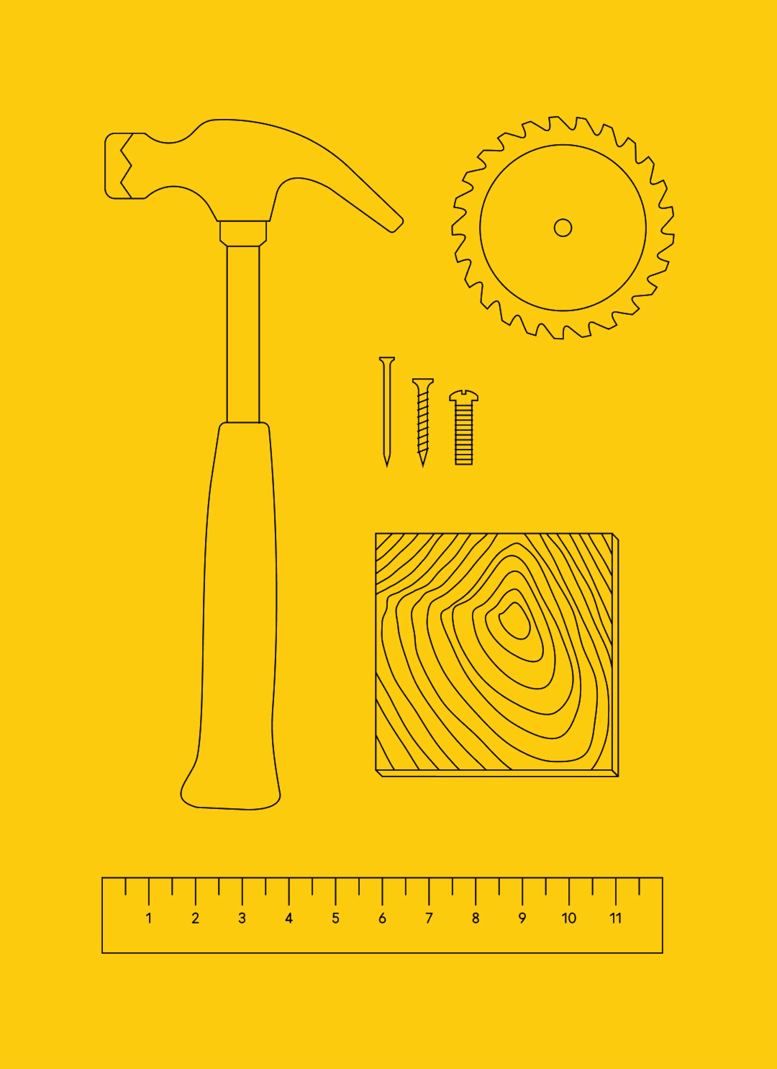 A hammer, saw blade, nail, screw, machine screw, wooden board, ruler in black outline illustration style with a yellow background