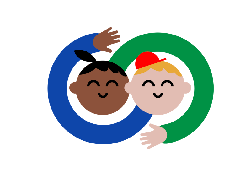 two smiling kids, one with dark skin and a pony tail, and one with light skin, blonde hair and a red hat, with arms around each other in a playful graphic style