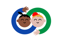 two smiling kids, one with dark skin and a pony tail, and one with light skin, blonde hair and a red hat, with arms around each other in a playful graphic style