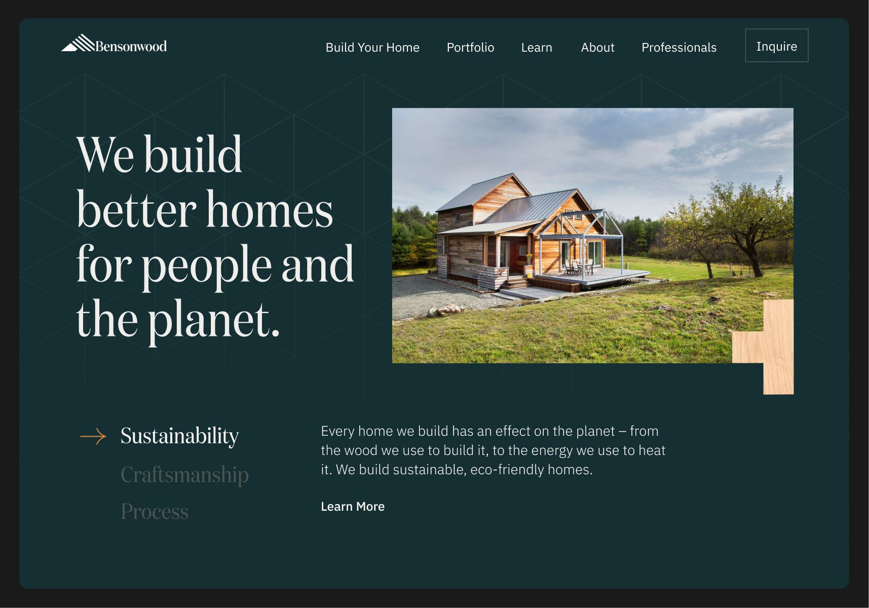 Bensonwood home page on a tablet. Headline reads we build better homes for people and the planet. Large image of a contemporary home with a wood block decoration in the corner.