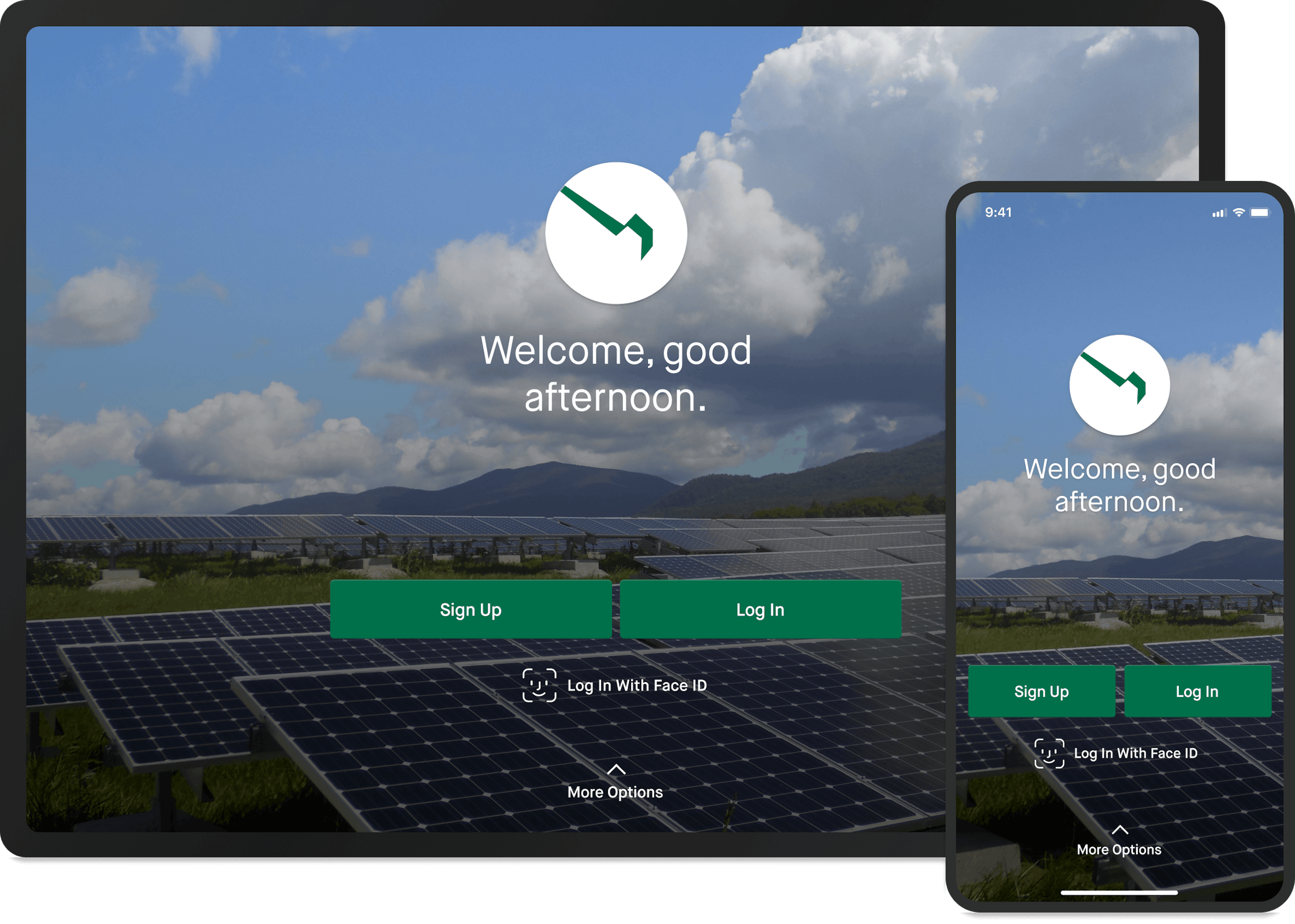 A tablet and a phone with the Green Mountain Power app login page showing, which ahs an image of solar panels in a field in front of mountains with a partially cloudy sky. The words Welcome, good afternoon, show below the GMP logo. There is also a sign-up button and a log-in button.