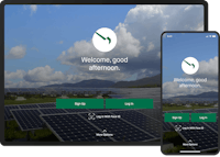 A tablet and a phone with the Green Mountain Power app login page showing, which ahs an image of solar panels in a field in front of mountains with a partially cloudy sky. The words Welcome, good afternoon, show below the GMP logo. There is also a sign-up button and a log-in button.